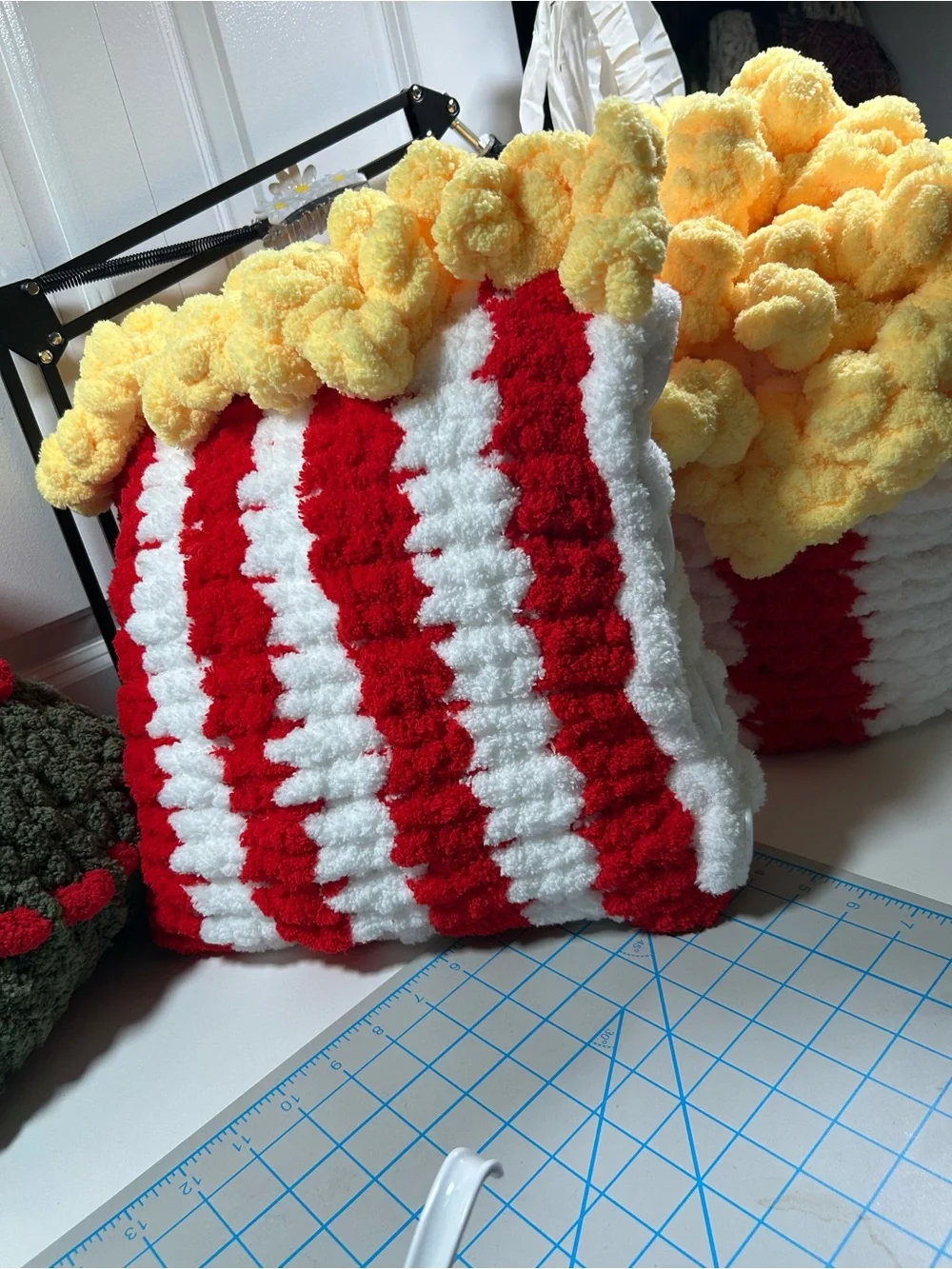 Hand Crafted Red, White and Yellow Striped Pom Pom Throw Pillow Covers